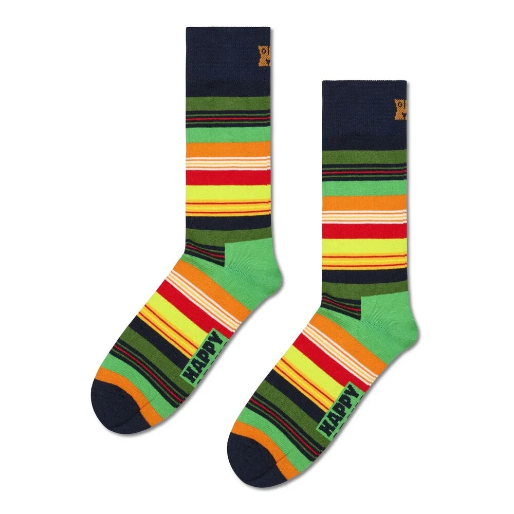 HAPPY SOCKS Crew Socks Black Green Stripe Combed Cotton Unisex M 8-12 W 10-12.5